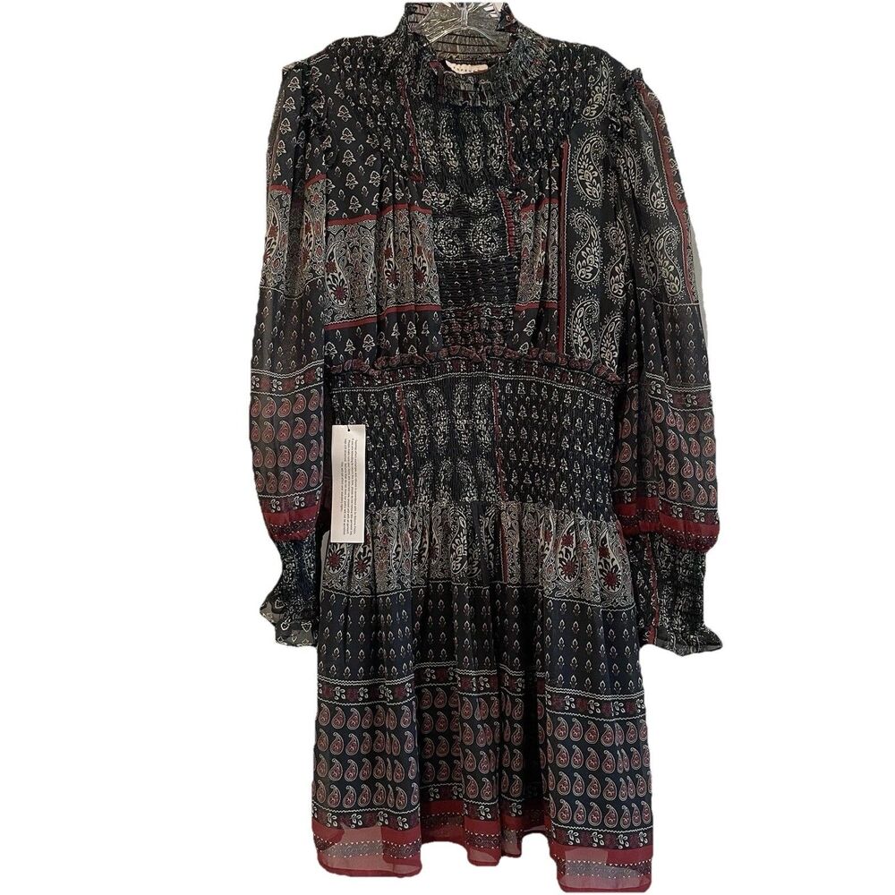NWT Topshop Women’s Paisley Mock neck Bishop sleeve Mini Chiffon Dress Sz10
